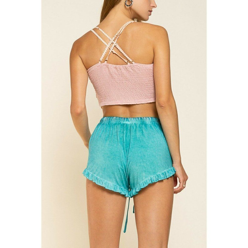 SALE! POL CLOTHING Aqua Acid Wash Ruffle Comfy Shorts Spring Summer New - Picture 2 of 4